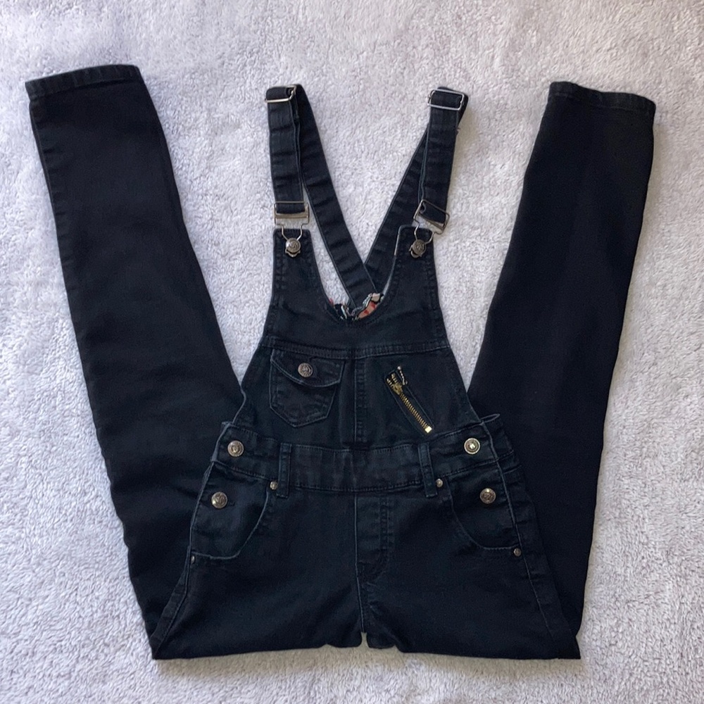 Black Denim Criss Cross Straps Open Back Overalls sz 25